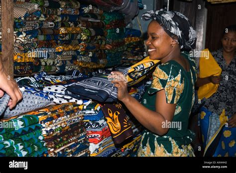 Tanzania Dar Es Salaam Typical Kanga And Kitenge Shop Cotton Wraps Worn