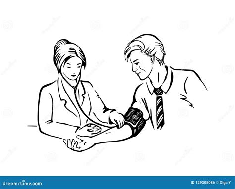 Doctor Measures The Blood Pressure Patient Sketched Linear Vector