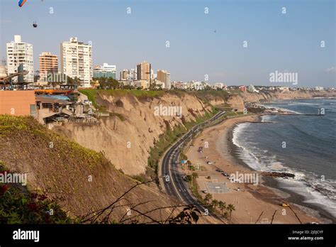 Aerial View Of Cliffs Alongside The Miraflores Beach In Lima Peru
