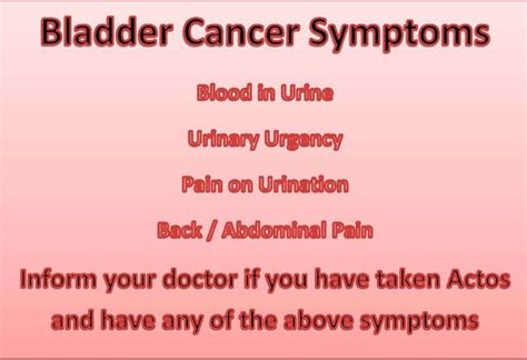 Blood in urine (hematuria), which may cause urine to appear bright red or cola colored, though sometimes the urine appears normal and blood is detected on a lab test Bladder cancer symptoms