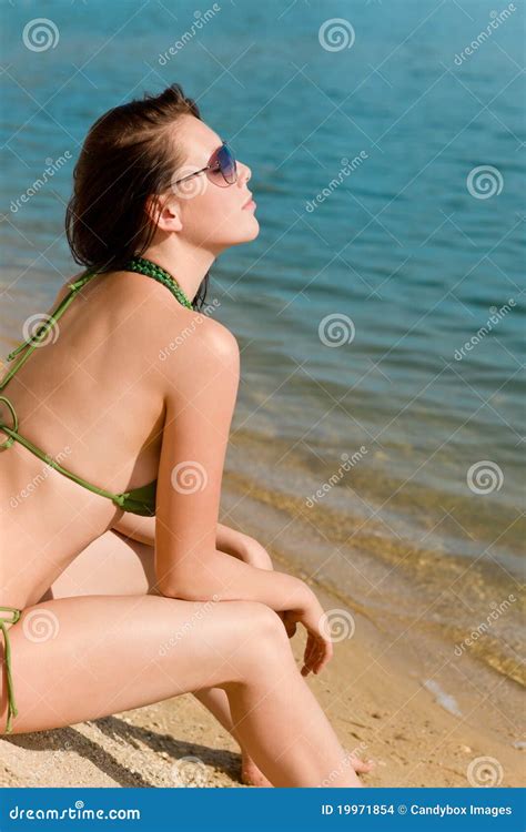Summer Woman In Bikini Alone On Beach Stock Photo Image Of Portrait