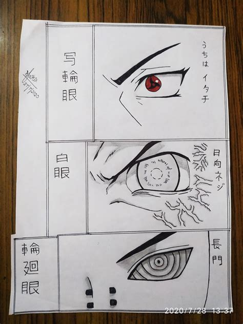 Sharingan, byakugan and rinnegan sketched by me. : r/Naruto