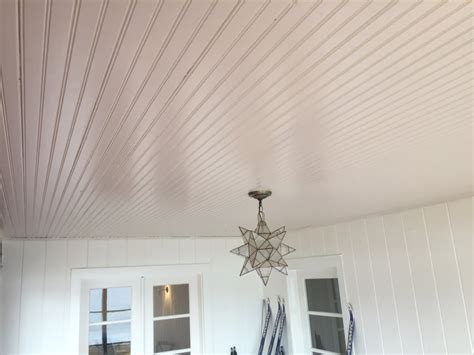 I was originally thinking of covering it up with drywall, but i really like this idea much more. Beadboard Ceiling Install