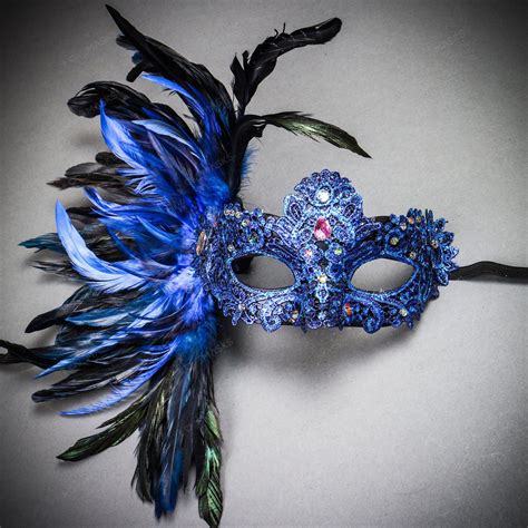 luxury venice women carnival masquerade venetian mask with side feather blue venice carnival