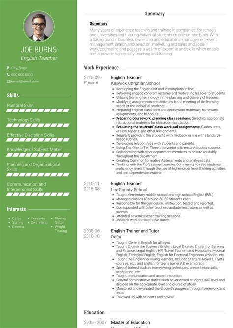 Cv format pick the right format for your situation. Esl Teacher - Resume Samples and Templates | VisualCV