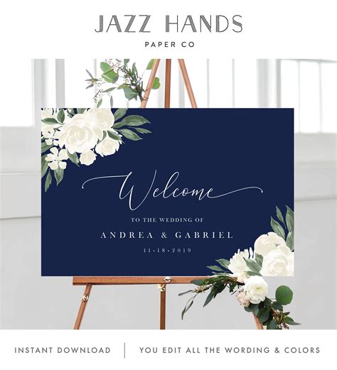 Wedding Welcome Sign Template With Navy And White Floral Etsy