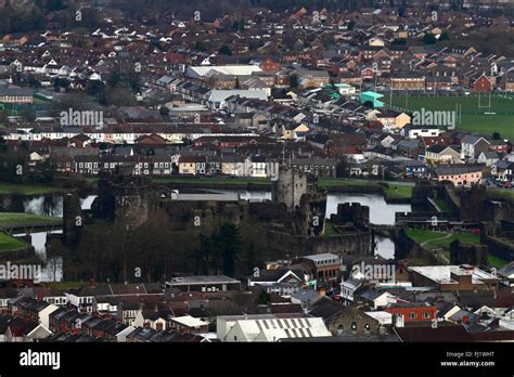 Aerial View Of Caerphilly Town And Castle From Caerphilly Mountain