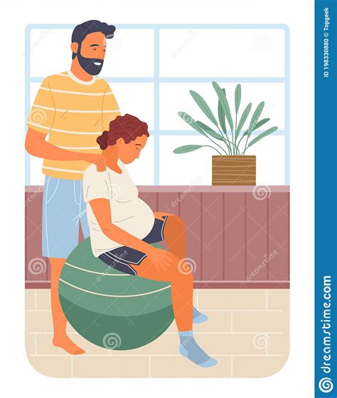 Pregnancy Preparing Wife And Husband Make Position Training Sitting On Ball Man Massages Her