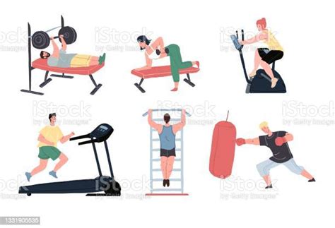 Cartoon Flat Healthy Characters Set Doing Sport Workout At Gym Vector