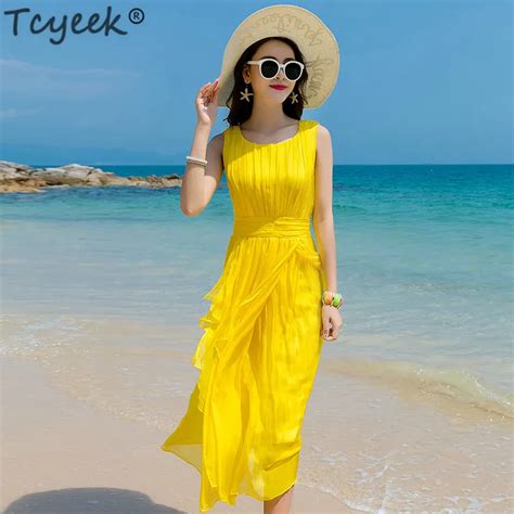 Tcyeek Summer Beach Dress Women Long Party Dress Yellow Vestidos