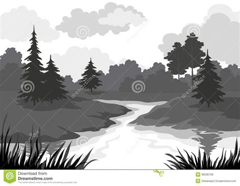Landscape Trees And River Silhouette Royalty Free Stock