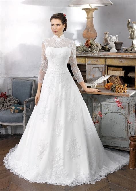 W369 Wedding Gown 2016 Classic High Neck Collar Long Sleeve Lace Muslim