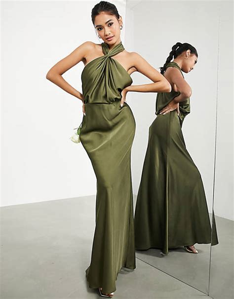 Asos Edition Satin Ruched Halterneck Maxi Dress In Olive Asos