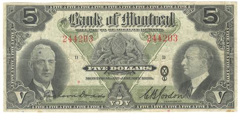 1938 Five Dollars The Bank Of Montreal Fine 505 62 02