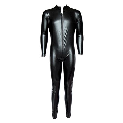 Black Wet Look Faux Leather Catsuit Sexy Lingerie For Men Spandex Bodysuit Hot Clubwear Erotic