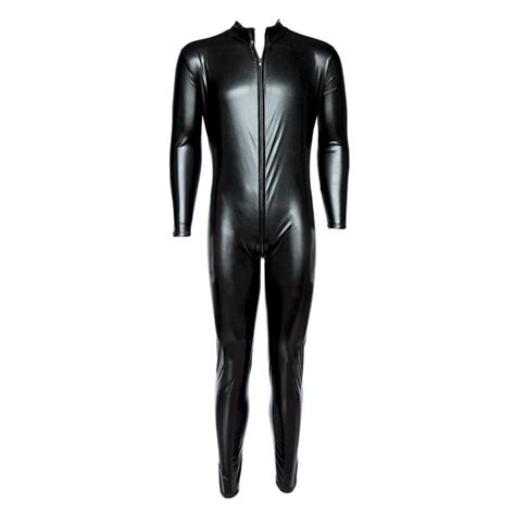 Black Wet Look Faux Leather Catsuit Sexy Lingerie For Men Spandex