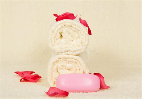 Towels Roll The Soap Decorated With Pink Petals Stock Image Image