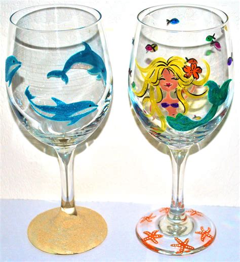 Hand Painted Dolphin And Mermaid Wine Glasses Wine Glass Crafts