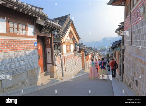 People Visit Bukchon Hanok Village In Seoul South Korea Bukchon Hanok Village Is Preserved To