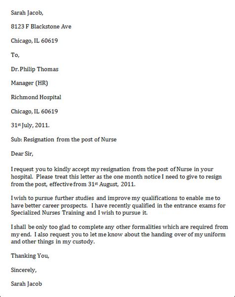 Nursing Resignation Letters Sample Templates