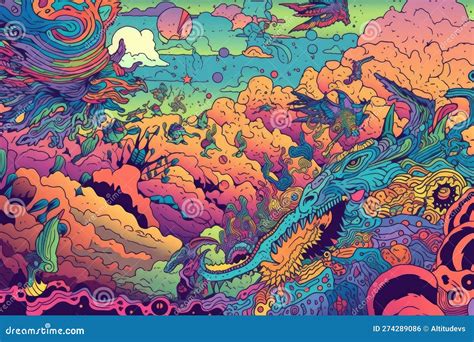 Trippy Creatures Flying In The Psychedelic Sky Stock Illustration