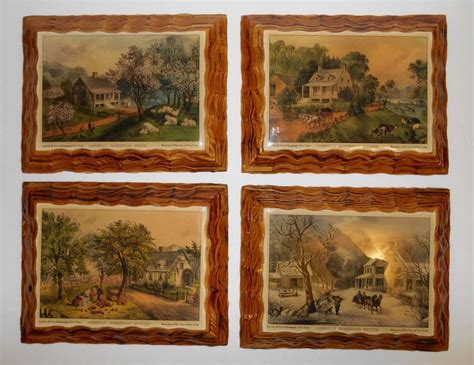 Vtg Solid Wood Currier And Ives 4 Seasons New York Lithographs American