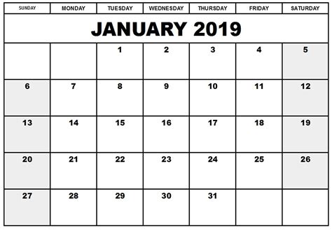 Blank Calendar January 2019 Online Editable Calendar Monthly