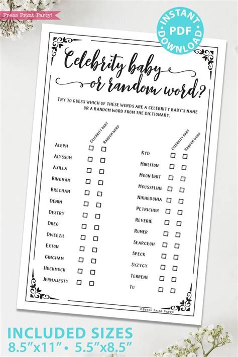 Celebrity Baby Shower Game Printable Rustic Press Print Party
