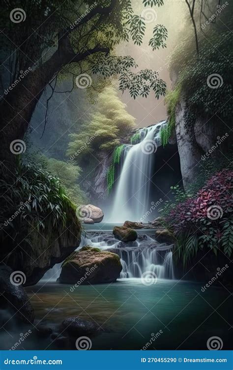 Powerful Waterfall In Misty Rainforest With Towering Trees And Vibrant