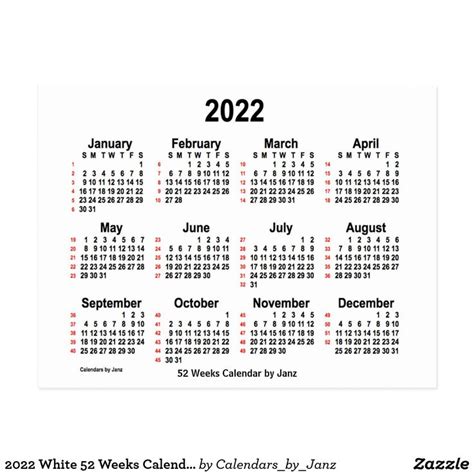 2022 White 52 Weeks Calendar By Janz Postcard Zazzle Mini Calendars
