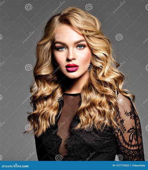 Blond Woman With Long Curly Beautiful Hair Stock Photo Image Of Dress Blonde