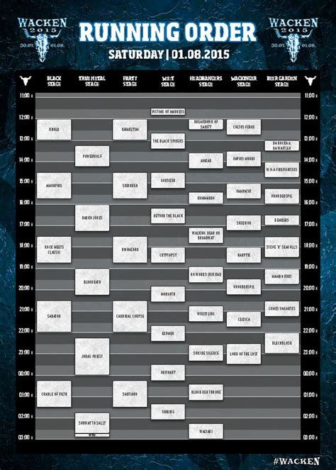 That first woa bill featured the likes of skyline, 5th avenue, ax n'sex, motoslug, sacret season and wizzard, but over the years and here's the running order for the whole shebang Running Order Wacken Open Air 2015 - Samstag W:O:A ...