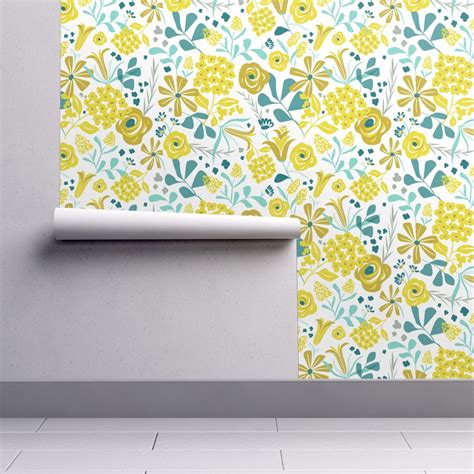 Darcy Modern Floral Mustard Yellow And Teal Wallpaper