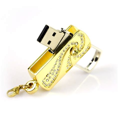 64gb Metal Crystal Gold Stainless Steel Rotary Key Chain Usb Flash
