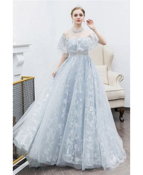 Grey Lace Aline Long Tulle Cute Prom Dress With Illusion