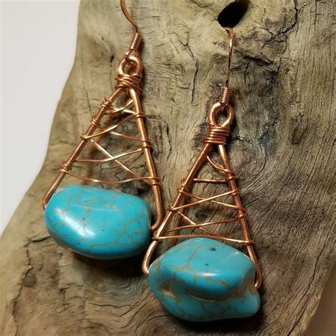 Earrings Turquoise And Copper Wrapped Lone Raven Art