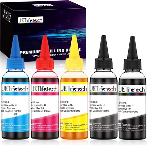 Jetlifetech 5 Color Universal Bulk Printer Dye Ink Refill Kit For Hp