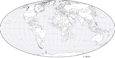 World Black And White Map With Countries Euro Centered