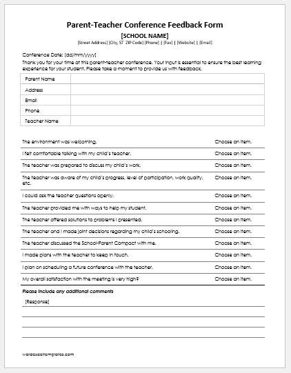 Parent Teacher Conference Feedback Form Word And Excel Templates