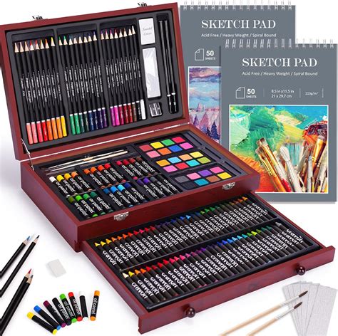 145 Piece Deluxe Art Set Wooden Art Box With 2 Sketch Pads 50 Pages