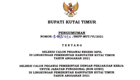 Sangatta…setelah dipastikan pada tanggal 6 februari 2020 mendatang pemerintah kabupaten kutai timur akan melaksanakan seleksi calon pegawai . Seleksi Penerimaan CASN Kabupaten Kutai Timur Tahun 2021 - BKPP Kutai Timur
