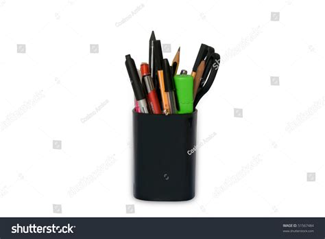 Pens Pencils Scissors And Other Tools In Pencil Holder Isolated On