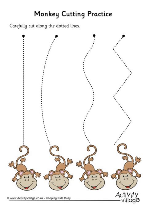From straight, short lines, to longer wavier lines to practising cutting out circles and squares, this colourful booklet will see children develop in the complexity of this important craft skill.&nbsp;being able to use. Monkey Cutting Practice