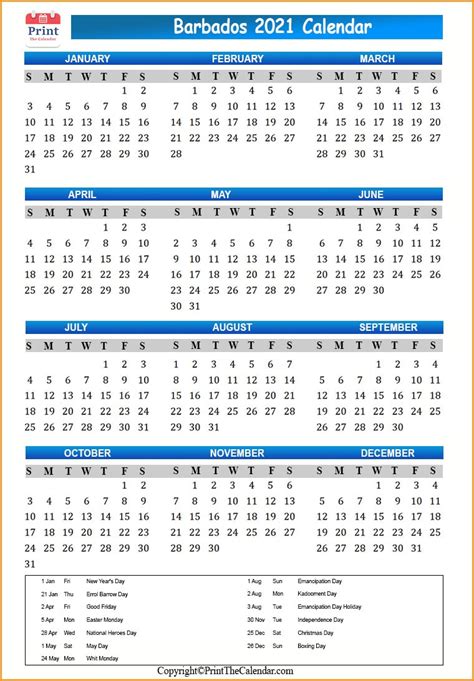 Barbados Calendar 2021 With Barbados Public Holidays
