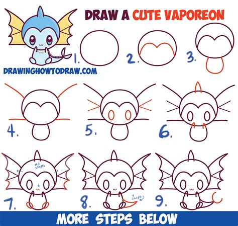 How To Draw Cute Kawaii Chibi Vaporeon From Pokemon Easy Step By Step