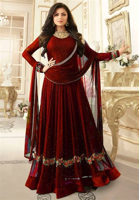 Red Embroidered Faux Georgette Semi Stitched Anarkali Salwar With