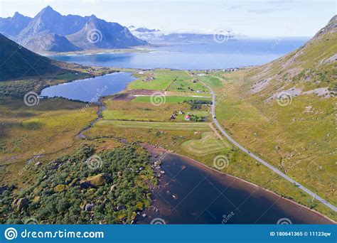 Aerial View Of A Scenic Coast On Lofoten Islands In Norway Stock