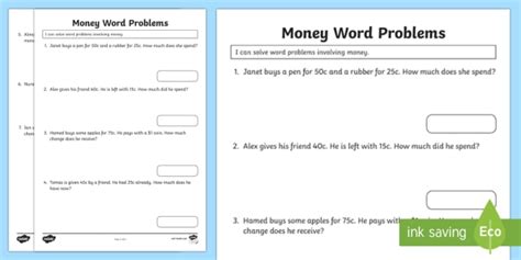 Spending Money Word Problems Worksheets | 99Worksheets