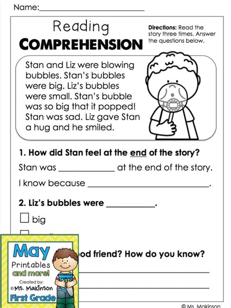This collection of free reading comprehension worksheets is geared to early readers. May Printables - First Grade Literacy and Math (With ...