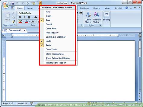 How To Customize The Quick Access Toolbar In Microsoft Word Windows 7